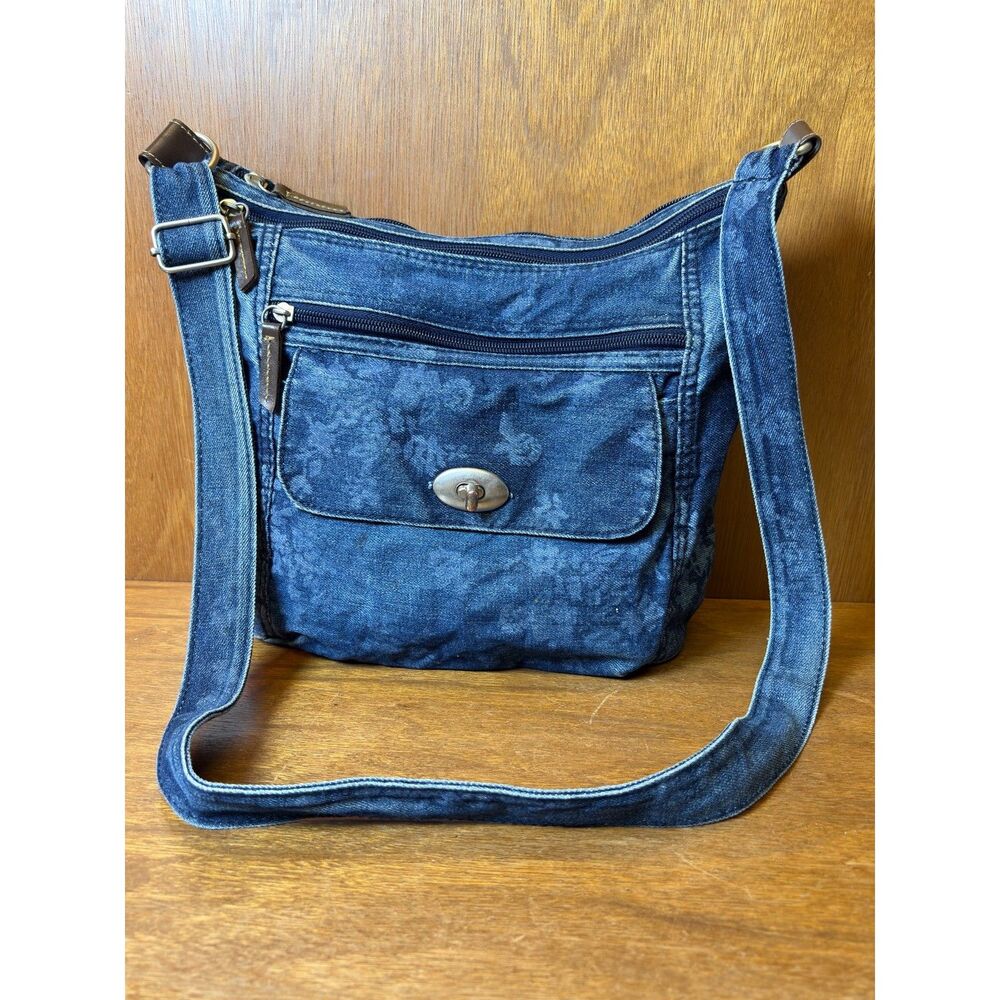 Vintage Blue Floral Denim Crossbody Bag Adjustable Strap Multi Pocket 12x10"